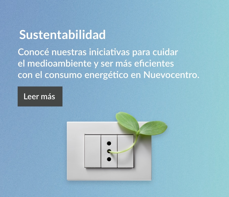 Sección de sustentabilidad: imagen de enchufe con hojas de árbol sobre fondo degradado verde y celeste.