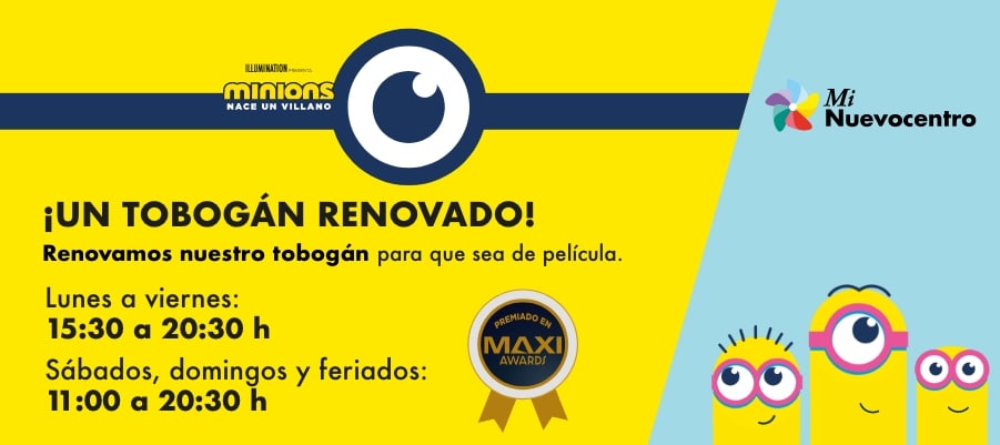 Imagen de Minions sobre fondo amarillo y celeste con insignia de premio internacional Maxi Award por el tobogán gigante.