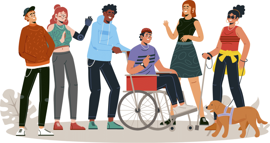 Ilustración de un grupo de personas diversas, entre las que se encuentran tres personas con discapacidad.
